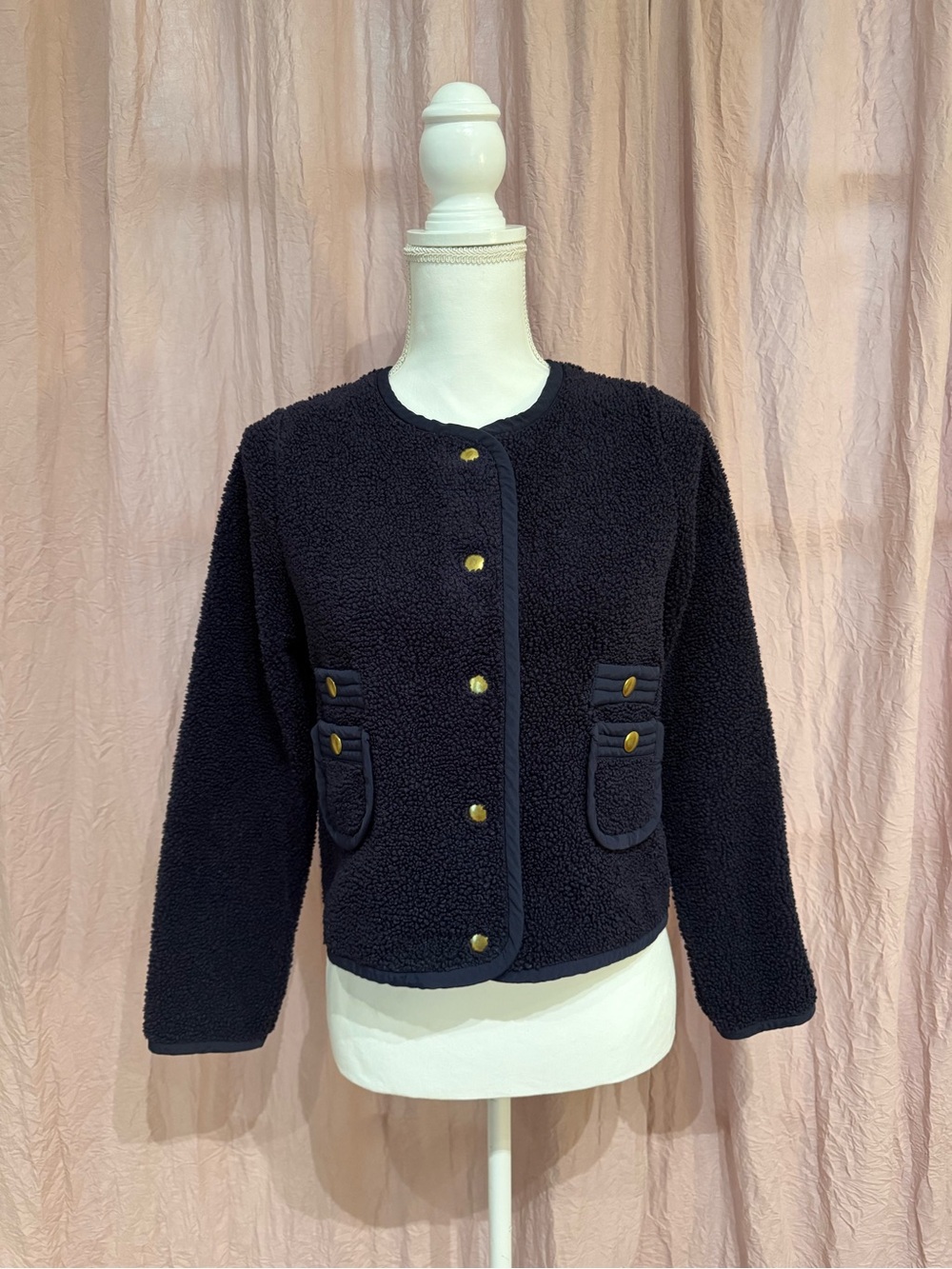Classic Navy Blue Sherpa Button-Front Jacket